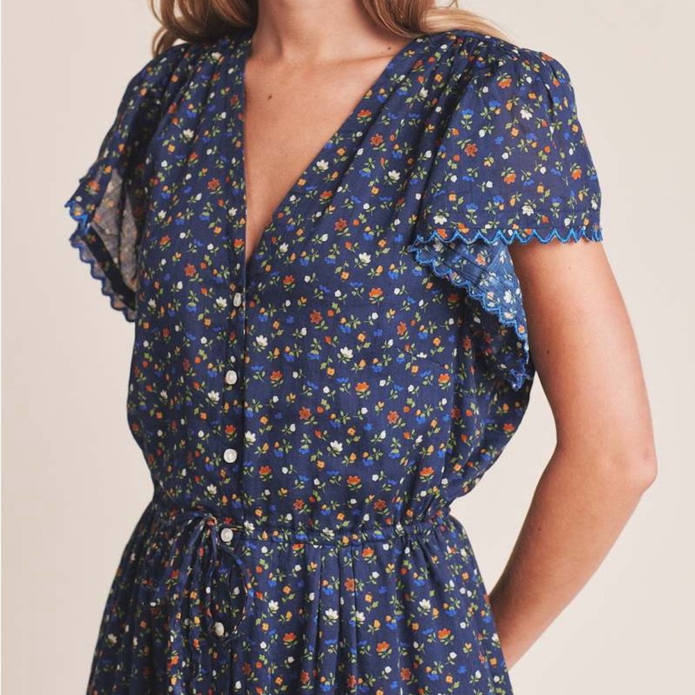 Trovata Navy Floral dress with Button Detail
